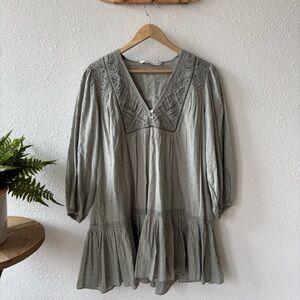 Zara - Embroidered Tunic Dress - Sage Green Cotton Blend - Size M